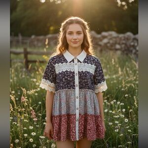 Cottagecore Three tier Floral babydoll A-line lace trim Dress/Top Medium